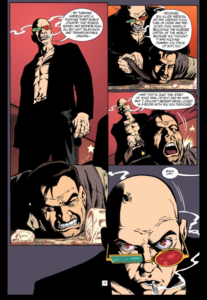 Bild från Transmetropolitan som visar Spider Jerusalems intervju med den sittande presidenten